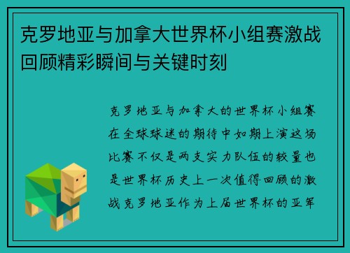 克罗地亚与加拿大世界杯小组赛激战回顾精彩瞬间与关键时刻